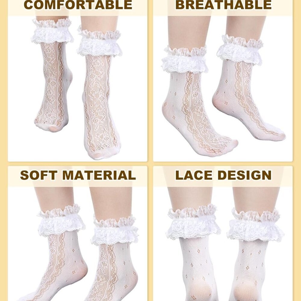 4 Pairs Women's Lace Ankle Socks Ruffle Frilly Mesh for Women - Picture 6 of 7